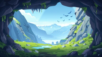 Wall Mural - Cave entrance with mountain landscape view of green grass, river, rocks and blue sky. Grotto, hidden cavern or tunnel. Cartoon modern illustration of summer nature.