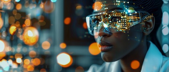 Poster - A black female engineer solders the motherboards of a computer. Scientists design PCBs, silicon microchips, and semiconductors. Close-up of the female engineer.