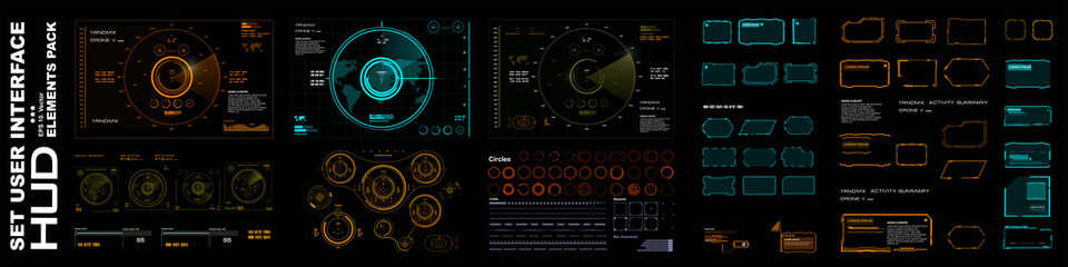 Poster - big collection of different hud ui elements. futuristic set of complex design elements. radars, fram