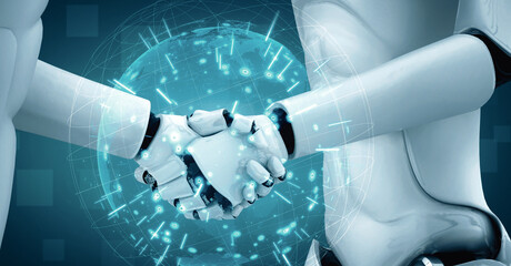 Poster - mlp 3d illustration hominoid robot handshake to collaborate future technology development by ai thin