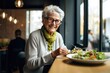 © shelbys - A happy elderly woman enjoying a fresh salad at a restaurant Fictional Character Created By Generative AI.