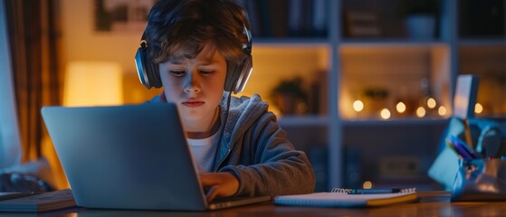 Poster - In a dark room at home, a smart young boy in headphones listens to his online class on a laptop computer. This happy boy conducts educational research online, writes in a notebook, and studies