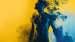A dramatic illustration of a muscular man set against swirling yellow and blue smoke, highlighting themes of strength and mystery