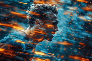 Poster - A dynamic image capturing a man's profile with his hair swept back, amidst vibrant fiery effects that suggest fervor and energy