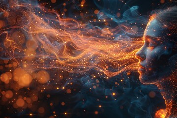 Poster - Orange glowing lines create an intricate network of connections in an abstract digital art design, resembling a futuristic interface