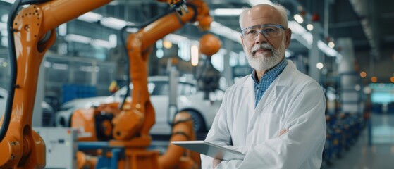 Poster - Using a tablet computer, a senior white male engineer is working on an automated robot arm assembly line manufacturing high-tech electric vehicles. A smile is on his face as he stares at the camera.