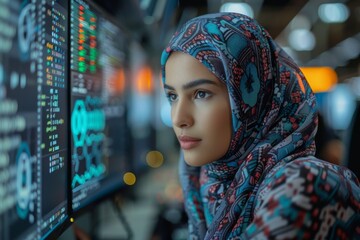 Poster - A focused woman wearing a hijab looks intently at multiple data screens displaying graphs and analytics