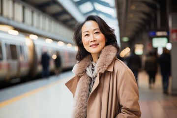 Wall Mural - Portrait of a blissful asian woman in her 40s wearing a chic cardigan isolated on modern city train station