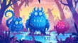 Modern banner illustration of magic woods landscape with fantastic creatures and cute alien animals. Monsters posters in forest swamp with cute alien animals.