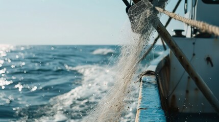 Close-up of offshore fishing boat casting fishing net recorded by flycam. generative ai