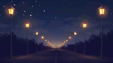 Modern realistic illustration of a highway road or city street at night with street lights. Straight black asphalt road, modern led lanterns and stars in the dark sky.