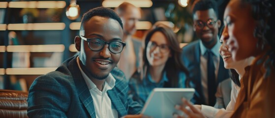 Poster - Meeting in a modern multi-ethnic office, with a diverse group of young executives and managers talking and brainstorming. Smiling businesspeople discuss investment strategies in a startup e-commerce