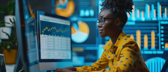 Poster - An African American female IT Technician works with Big Data Graphs, Statistics on a desktop computer. A cheerful, creative software engineer develops, markets, and promotes an eCommerce project.