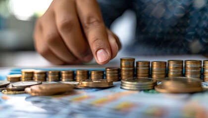 Poster - A close-up shot captures a businessman hand skillfully selecting coins from a stack on a table, illustrating the concept of financial management