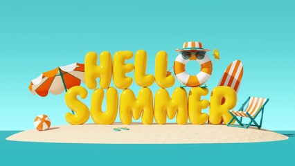 Funny character from inflatable swim ring and Hello summer is written in inflatable yellow letters on sandy island. Tropical scene with beach items. Background for postcard, poster. 3D illustration.