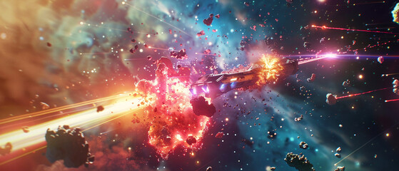 Wall Mural - intense futuristic battle in space featuring laser beams, explosions, and intense action sequences.