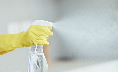 Wall Mural - Spray, bottle and hands with product for cleaning, chemical disinfection or janitor working closeup. Detergent, sanitizer and cleaner with liquid in container to wash and dust apartment or home