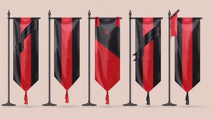 Poster - An advertising striped canvas pennant hanging from a metal frame and stand in colors of red and black. Modern realistic template featuring red and black vinyl flags and set banners on a metal pole.