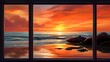 A window reflecting the fiery colors of a sunset over the horizon