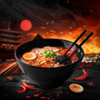 realistic photography of spicy ramen menu black bowl red chopsticks, with various kinds of typical Japanese toppings, simple package,