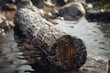 A log sitting on top of some rocks in the water.