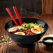 realistic photography of spicy ramen menu black bowl red chopsticks, with various kinds of typical Japanese toppings, simple package,