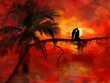 A couple kissing on the branch of a palm tree, with a sunset background. The sky is red and orange with some clouds. There is water in front of them, in the style of an impressionist painter. 