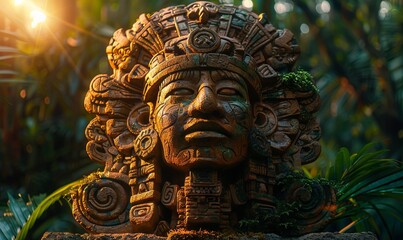 Wall Mural - A statue of an ancient mayan god in the jungle.