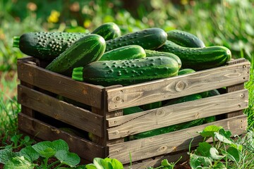 Wooden crate with ripe fresh cucumbers on green grass