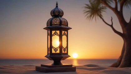 Ramadan Kareem, Lantern, Postcard: Illuminated lantern at dusk during Ramadan signifies tradition.