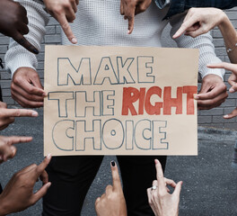 Wall Mural - Hands, protest and sign for choice, decision and community together for politics in society. Street, poster and group rally outdoor for fight, human rights or people pointing at banner for revolution