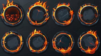 Poster - Embossed circle paper stickers with burning flames and black ash on transparent background. Modern realistic set of smoldering paper labels.