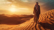 In bright sunlight, an Arab nomad in traditional clothes faithfully goes about his business among the sand dunes.