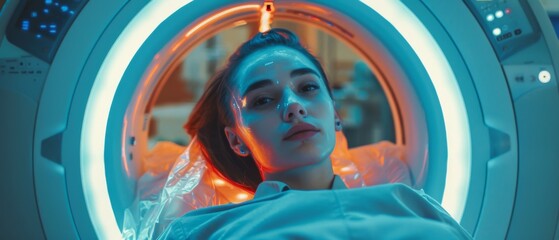 Poster - An augmented reality VFX of a woman lying on a CT or PET or MRI scan bed, moving inside the scanner while it scans her brain and vital parameters.