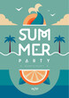 Retro flat summer disco party poster with mermaid tail. Vector illustration