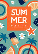 Retro flat summer disco party poster with ice cream, rainbow and tropic fruits. Vector illustration