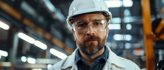 Poster - In a low angle shot, a middle-aged, successful engineer is shown wearing a white hard hat and safety glasses. The engineer is standing in a factory manufacturing electronic components.