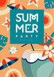 Retro flat summer disco party poster with cocktail and tropic leaves. Vector illustration