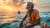Fototapeta  - On a summer day, against the background of the ocean, an Indian fisherman in traditional clothes overcomes the heat, demonstrating his strength and endurance.