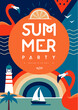 Retro flat summer disco party poster with flamingo, lighthouse and tropic landscape. Vector illustration