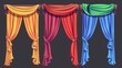 Set of empty frames of red, blue, green and yellow stage curtains in transparent background for a theater scene. Luxury textile decor for opera or music hall, cartoon modern illustration.
