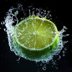 Wall Mural - Fresh lime with water splash isolated on black background