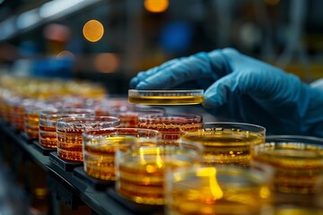 Poster - Gloved hands manage multiple petri dishes filled with orange samples on a lab bench illuminated by industrial lighting