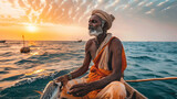 Fototapeta  - Summer day on the ocean - an Indian fisherman carries his catch, embodying strength and perseverance in traditional clothes.