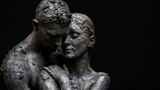 Fototapeta  - In the dark, on a black background, a man and a woman, enveloped in clay, reveal their passion and affection, plunging into the inner world.