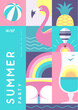 Retro flat summer disco party poster with summer attributes. Cocktail silhouette, flamingo, pineapple, rainbow and hot air balloon. Vector illustration