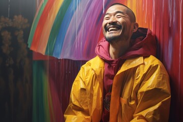 Wall Mural - Portrait of a cheerful asian man in his 40s wearing a vibrant raincoat on serene meditation room