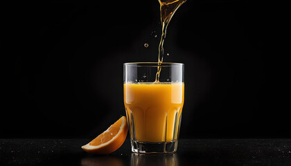 A glass of orange juice with a piece of orange  