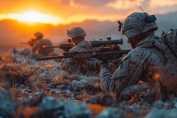 Poster - Special forces soldiers in camouflage are aiming their weapons during a sunset mission