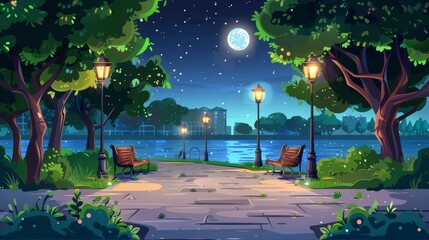 Wall Mural - A beautiful public garden under a moonlit night at the riverside with benches and light posts. Cartoon modern illustration of the garden under dark skies with stars.